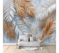 Custom Panoramic Wall Mural 350 x 256 cm, Light Blue Non-Woven Large Boho Tropical Modern Abstract Palm Leaf - Photo Background Wallpaper, Wall Decor for Kids Room Living Room, Dining Room Office