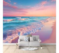 Custom Panoramic Wall Mural 350 x 256 cm, Light Purple Non-Woven Large Minimalist Coastal Beach Wave Sky - Photo Background Wallpaper, Wall Decor for Kids Room Living Room, Dining Room Office
