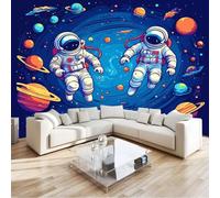 Custom Panoramic Wall Mural 400 x 280 cm, Dark Blue Non-Woven Large Cartoon Cute Astronaut Space Planet - Photo Background Wallpaper, Wall Decor for Kids Room Living Room, Dining Room Office