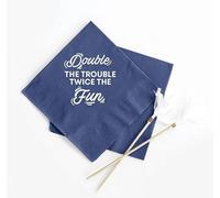 Custom Party Napkins, Navy Blue with 'Double The Trouble Twice The Fun' Text, Personalized Celebration Serviettes