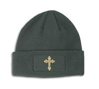 Custom Patch Beanie Gold Outline Orthodox Cross Faith Jesus God Skull Cap Hats for Men & Women One Size, Dark Grey Design Only, One size
