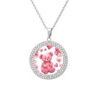 Custom Peach Style Bear Picture Necklace Personalized Circle Chain Pendant Gold/Silver Photo Dog Tag Keepsake Necklaces Hip Hop Memorial Jewelry Gifts for Men Women, One size, Titanium Steel