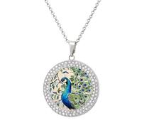 Custom Peacock Watercolor Painting Picture Necklace Personalized Circle Chain Pendant Gold/Silver Photo Dog Tag Keepsake Necklaces Hip Hop Memorial Jewelry Gifts for Men Women, One Size, Titanium