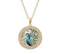 Custom Peacock Watercolor Painting Picture Necklace Personalized Circle Chain Pendant Gold/Silver Photo Dog Tag Keepsake Necklaces Hip Hop Memorial Jewelry Gifts for Men Women, One Size, Titanium