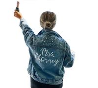 Custom Pearl Denim Jacket Mrs. bride Babe Bridesmaid Just Married Wedding Gift (Blue Customization contact seller, L UK12-14)