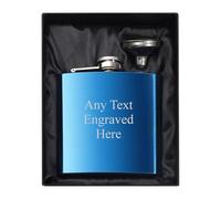 [Custom] Personalised Engraved 6oz Brushed Blue Ice Hip Flask Selection of Styles Available (Times, Silk Box & Funnel)
