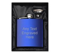 [Custom] Personalised Engraved 6oz Shiny Blue Hip Flask (Arial, Silk Box)
