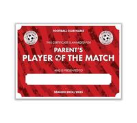 Custom Personalised Football Club Award Certificates - PARENTS’ PLAYER OF THE MATCH - Add Club Name & Logo - Youth Football Awards, Red, 50 Pack x A4