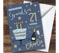 Custom Personalised Grandson 21st Blue Gold Birthday Card Cake, Personalized Birthday Card For Grandson, Him, 21st, Milestone Birthdays