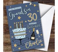 Custom Personalised Grandson 30th Blue Gold Birthday Card Cake, Personalized Birthday Card For Grandson, Him, 30th, Milestone Birthdays
