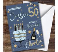 Custom Personalised Male Cousin 50th Blue Gold Birthday Card Cake, Personalized Birthday Card For Cousin, Him, 50th, Milestone Birthdays