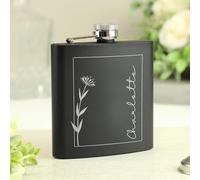 Custom Personalised Monochrome Floral Name Black Hip Flask - for Birthday, Mother's Day, Wedding, Hen Party