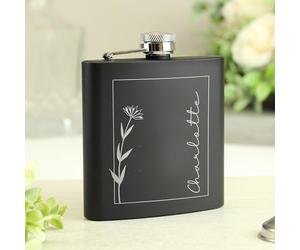 Custom Personalised Monochrome Floral Name Black Hip Flask - for Birthday, Mother's Day, Wedding, Hen Party