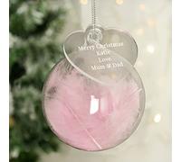 Custom Personalised Pink Feather Glass Bauble With Heart Tag - Perfect for Christmas