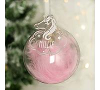 Custom Personalised Pink Feather Glass Bauble With Unicorn Tag - Perfect for Christmas