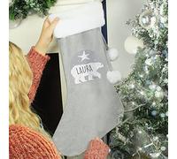Custom Personalised Polar Bear Luxury Silver Grey Stocking with pom poms