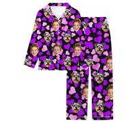 Custom Personalised Pyjamas Sets for Women with Photo Face Simulation Silk Button Down Pjs 2 Piece Sleepwear Loungewear Long Sleeve Top and Pants for Valentine Mother'S Day Best Friends