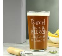Custom Personalised Runs On Beer & Christmas Cheer Pint Glass. for Him, Christmas, Stocking Filler