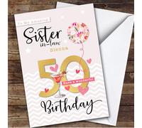 Custom Personalised Sister-In-Law 50th Birthday Card Balloon Hearts, Personalized Birthday Card For Sister-In-Law, Her, 50th, Milestone Birthdays