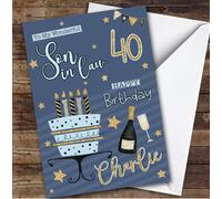 Custom Personalised Son-In-Law 40th Blue Gold Birthday Card Cake, Personalized Birthday Card For Son-in-law, Him, 40th, Milestone Birthdays