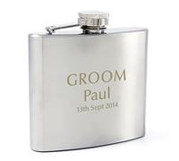 Custom Personalised Stainless Steel 6oz Groom Wedding Hip Flask. Laser Engraved. Includes Funnel and Presentation Box.