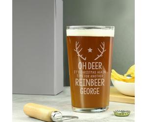 Custom Personalised Time for A Reinbeer Pint Glass. for Him, Christmas, Stocking Filler