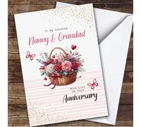 Custom Personalised Wedding Anniversary Card For Nanny & Grandad Pink Basket, Personalized Anniversary Card For Grandad, Grandma, Couples