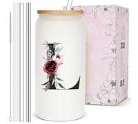Custom Personalized Gifts for Women, Cute Monogram Glass Cups with Lids and Straws, Customized Initial Letter Drinking Iced Coffee Cup Mug Tumbler, Unique Gifts for Women Mom Who Have Everything, L