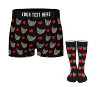 Custom Pet Love Heart Men's Boxer Briefs Socks Set Personalised Dog Cat Photo Face Funny Boxer Briefs Customized Underwear Boxers Underpants Valentines Day Gifts for Man Presents for Him Size-M