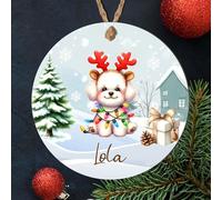 Custom Pet Name Toy Dog Breed Hanging Christmas Tree Bauble - Personalised Festive Dog Keepsake Gift Poodle, Shih Tzu, Pomeranian, Chihuahua (Bichon Frise, MDF Wood - Indoor Use Only)