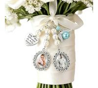 Custom Photo Bridal Bouquet Charm - Personalized Oval Memorial Wedding Pendant - Blue Wing Heart Something Blue - Remembrance Picture Charm For Wedding Flowers