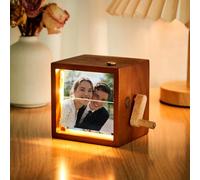 Custom Photo Flip Book Frame, Photo Animation Box Hand-cranked Photo Album Wooden Rotating Memory Box with Light & Song, Personalised Picture Gift for Men Women Birthday Anniversary