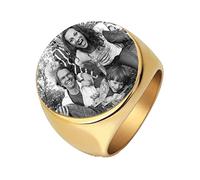 Custom Photo for Men Boys Women Girls Customized Signet Ring Engrave Name Photo Copule Jewelry Stainless Steel Round Mens For Family Wedding Personalized Gifts (gold Engraved Photo,Ring Size: 12)