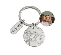 Custom Photo Keychain Personalized Portrait Outline - Hand Drawn Engraved Line Art Picture Keyring with Custom Name Tags - Stainless Steel Memorial Keepsake Gift for Mom, Dad, Anniversary