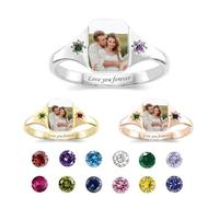 Custom Photo Ring Personalized Birthstone Rings for Women Customized Picture Engraved Name Ring Dog Memorial Jewelry Valentine's Day Lover Couple (Silver)