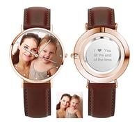 Custom Photo Watch Brown Leather Strap for Women Men Customised Engraved Rose Gold Wrist Watches Birthday Personalised Gift for Family Boyfriend Girlfriend Couple Mother Wife Father Dad