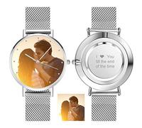 Custom Photo Watch for Women Men Personalised Engraved Text Alloy Watch Customised Silver Wrist Watches Personalised Photo Gift for Dad Mom Husband Wife Boyfriend Girlfriend