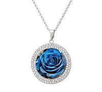 Custom Picture Blue Rose Necklace Personalized Circle Chain Necklace 20in Dog Tag Pendant Round Photo Necklaces Memorial Jewelry Keepsake for Valentines Day
