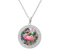 Custom Picture Flamingo Floral Pattern Necklace Personalized Circle Chain Necklace 20in Dog Tag Pendant Round Photo Necklaces Memorial Jewelry Keepsake for Valentines Day
