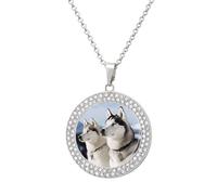 Custom Picture Husky Dogs Necklace Personalized Circle Chain Necklace 20in Dog Tag Pendant Round Photo Necklaces Memorial Jewelry Keepsake for Valentines Day