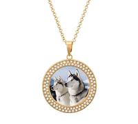 Custom Picture Husky Dogs Necklace Personalized Circle Chain Necklace 20in Dog Tag Pendant Round Photo Necklaces Memorial Jewelry Keepsake for Valentines Day