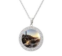 Custom Picture Lighthouse Rocks Seaside Necklace Personalized Circle Chain Necklace 20in Dog Tag Pendant Round Photo Necklaces Memorial Jewelry Keepsake for Valentines Day