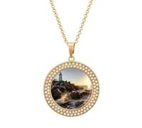 Custom Picture Lighthouse Rocks Seaside Necklace Personalized Circle Chain Necklace 20in Dog Tag Pendant Round Photo Necklaces Memorial Jewelry Keepsake for Valentines Day