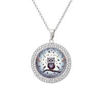 Custom Picture Owl Tree Branches Necklace Personalized Circle Chain Necklace 20in Dog Tag Pendant Round Photo Necklaces Memorial Jewelry Keepsake for Valentines Day