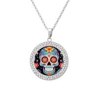 Custom Picture Sugar Skulls Necklace Personalized Circle Chain Necklace 20in Dog Tag Pendant Round Photo Necklaces Memorial Jewelry Keepsake for Valentines Day