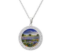 Custom Picture Texas Bluebonnets Scenery Necklace Personalized Circle Chain Necklace 20in Dog Tag Pendant Round Photo Necklaces Memorial Jewelry Keepsake for Valentines Day