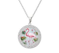 Custom Picture White Flamingo Necklace Personalized Circle Chain Necklace 20in Dog Tag Pendant Round Photo Necklaces Memorial Jewelry Keepsake for Valentines Day