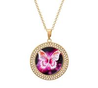 Custom Pink Butterfly Picture Necklace Personalized Circle Chain Pendant Gold/Silver Photo Dog Tag Keepsake Necklaces Hip Hop Memorial Jewelry Gifts for Men Women, One size, Titanium Steel, Rhinestone