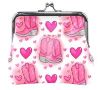 Custom Pink Cowboy Boots Hearts Cute Coin Purse Pouch Leather Kiss Lock Card Wallet Change Purse, Pink Cowboy Boots Hearts, Classic