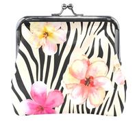 Custom Pink Flowers Beige Black Zebra Print Leather Coin Purses & Pouches Cute Kiss Lock Change Purse Wallet, Pink Flowers Beige Black Zebra Print, Classic